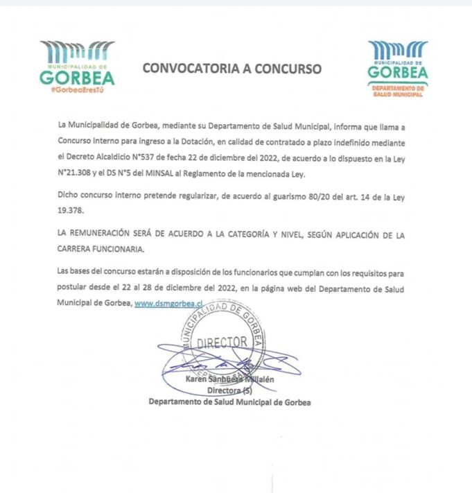 CONVOCATORIA A CONCURSO, MUNICIPALIDAD DE GORBEA