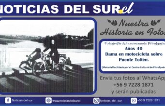 Años 40, Dama en Motocicleta sobre Puente Toltén en Pitrufquén
