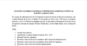 CITACIÓN ASAMBLEA GENERAL COOPERATIVA AGRICOLA NEWEN AL SUR DE LA ARAUCANIA