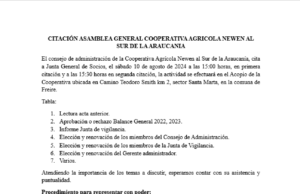 CITACIÓN ASAMBLEA GENERAL COOPERATIVA AGRICOLA NEWEN AL SUR DE LA ARAUCANIA