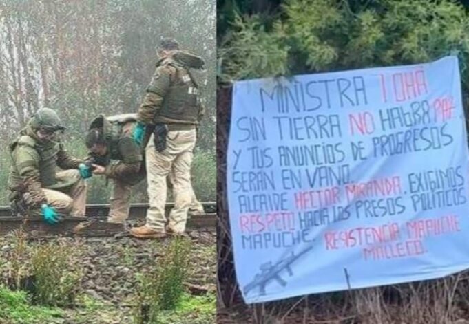 “Ministra Tohá, sin tierra no habrá paz”: intentan descarrilar tren en Ercilla dejando lienzo en el lugar