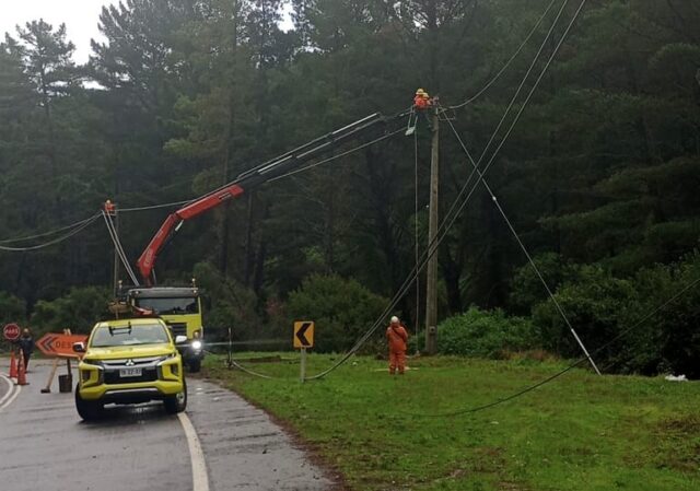 Brigadas de Frontel trabajan en la reposición del servicio eléctrico por temporal de viento en La Araucanía