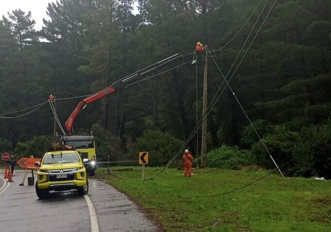 Brigadas de Frontel trabajan en la reposición del servicio eléctrico por temporal de viento en La Araucanía
