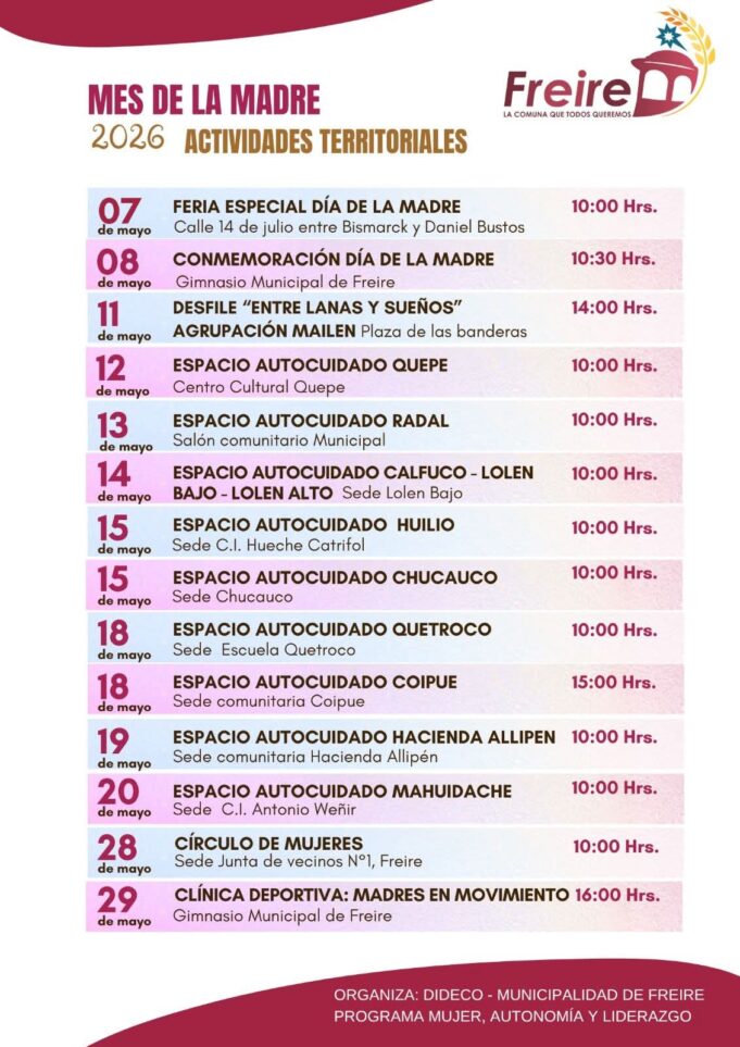 Ya está disponible el calendario de actividades del Mes de la Madre en Freire