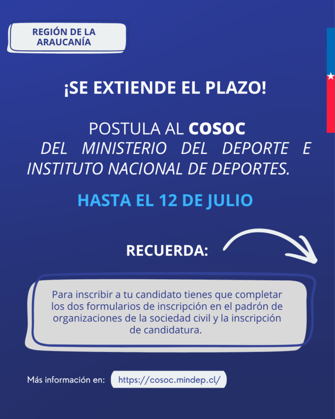 Extienden plazo para integrar el COSOC Regional: organizaciones deportivas podrán postular hasta el 12 de julio