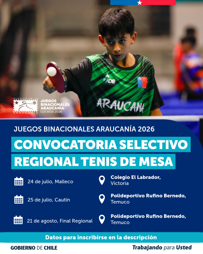 Buscan a los mejores deportistas del tenis de mesa de La Araucanía para representar a la región en los Juegos Binacionales 2026
