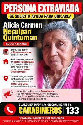 Familia busca a adulta mayor desaparecida desde el 29 de septiembre en Villarrica: salió rumbo a sector Vista Hermosa y no regresó